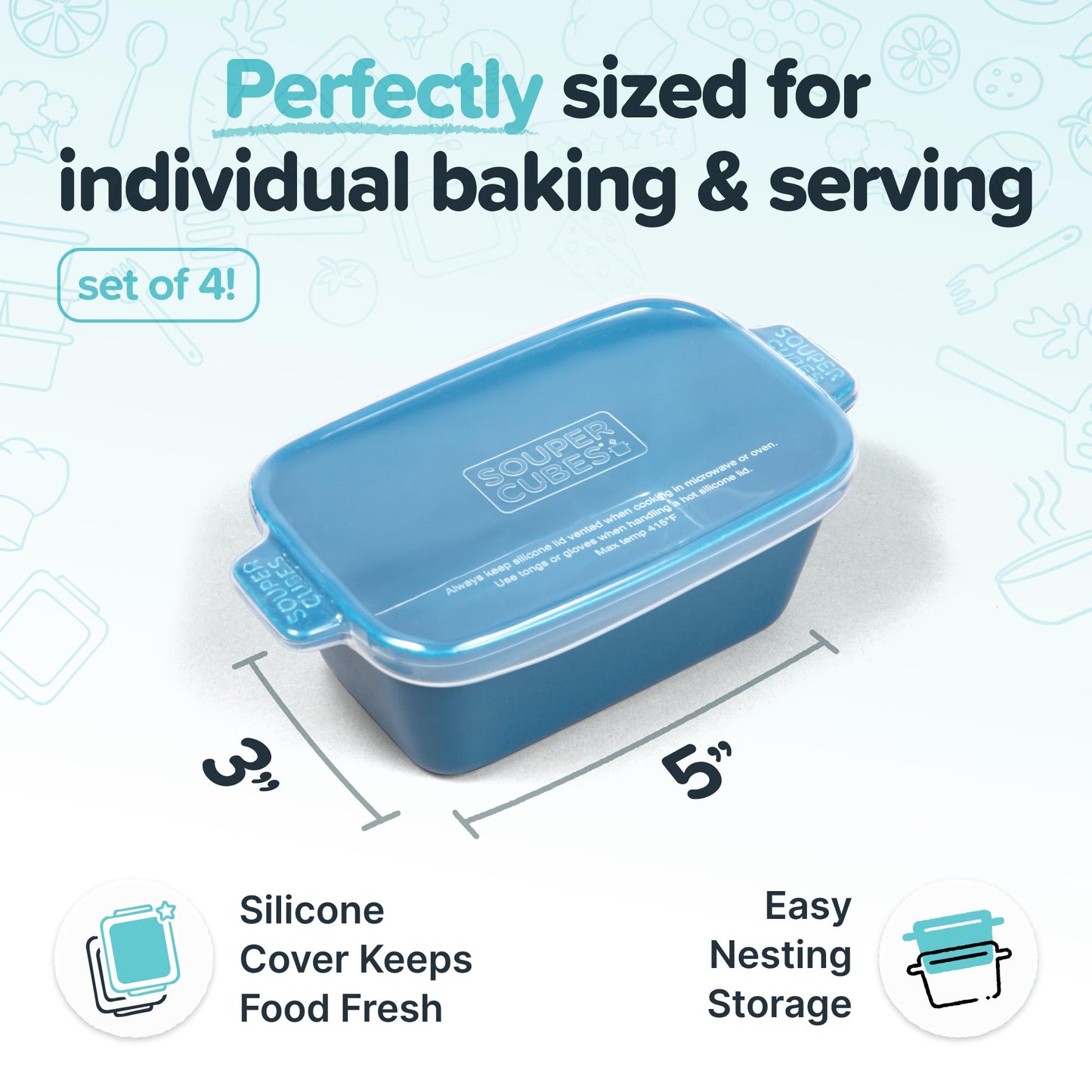 Souper Cubes Stoneware - Small Ceramic 5" x 3" Baking Dish with Silicone Covers, Small Baking Dishes for Oven Perfect for Reheating Single Serve Portions, Set of 4 - Blueberry