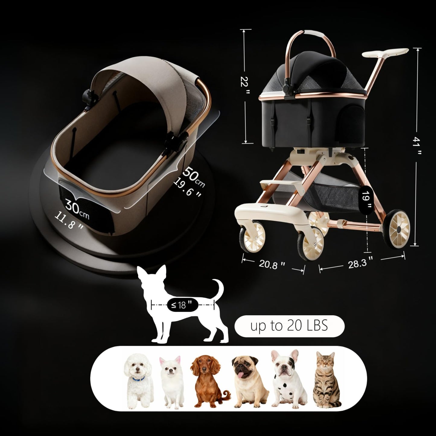 EPPMagice All-Terrain Pet Stroller for Small Medium Dogs & Cats, 20 lbs Capacity - Portable Carrier with One-Touch Brake, Lightweight Foldable Design & Shock Absorption Wheels,Khaki