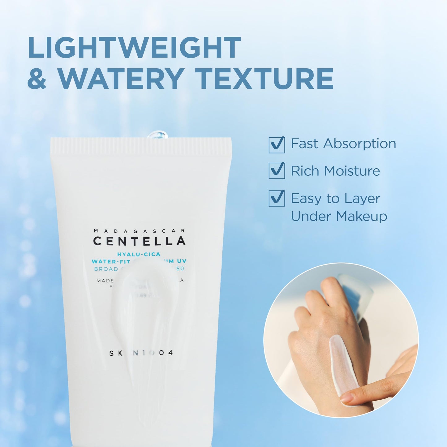 SKIN1004 Centella Hyalu-Cica Water-Fit Sun Serum UV, Korean Sunscreen SPF 50, Centella Sunscreen, Travel Essentials, Sunscreen with Hyaluronic Acid, No White Cast, Korean Skin Care, 1.69 fl.oz / 50ml
