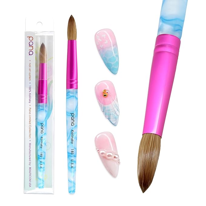PANA USA Acrylic Nail Brush Pure Kolinsky Hair Acrylic White Swirl Blue Handle with Pink Ferrule Round Shaped - Size 18