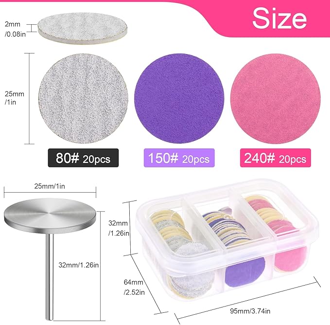 Sanding Paper Discs with Metal Nail Drill Bit Foot Sandpaper Discs 25mm Foot File Sandpaper Discs #80#150#240 Grits for Manicure Pedicure