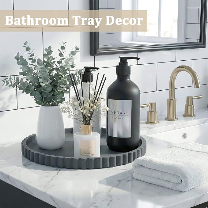 Silicone Bathroom Vanity Tray, Modern Round Decorative Tray for Countertop, Waterproof & Unbreakable Cosmetic Perfume Organizer, Extra-Thick & Sturdy, Easy to Clean Candle Tray (Dark Grey, 10 inch)