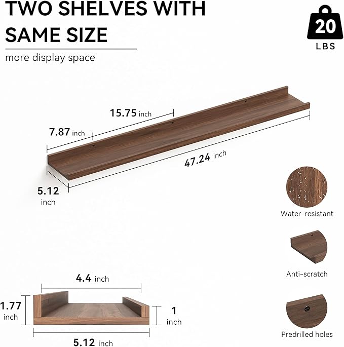 Boswillon 47.2 Inches Long Floating Shelves Wall Mounted, 2 Set Farmhouse Wall Shelf for Bedroom, Nursery Book Shelf with Lip, Picture Ledge Shelf for Decor Living Room Bathroom Kitchen - Walnut