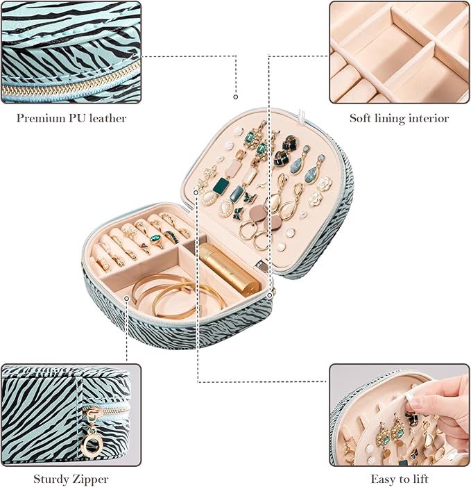 ProCase Travel Size Jewelry Box, Medium Portable Seashell-Shaped Jewelry Case, 2 Layer Jewelry Organizer in PU Leather for Women -Stripe