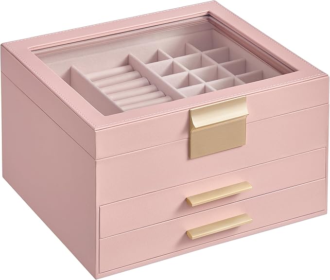 SONGMICS GISELLA Collection - Jewelry Box Organizer, 3-Layer Jewelry Storage with 2 Drawers, Shiny Metal Hardware, Glass Lid, Modern, 8 x 9.1 x 5.3 Inches, Jelly Pink and Gold Color UJBC239SA01S