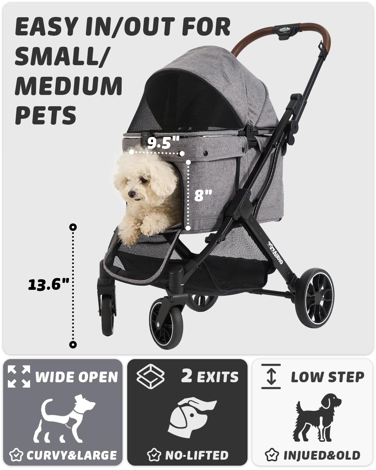 797Audio Dog Stroller for Small Medium Dogs, Pet Stroller for Cats Puppy Up to 121lbs,Foldable,One Click Folding,4 Wheel Shock Absorption,Adjustable Canopy with Sun Shades,Removable Washable Pad(Grey)