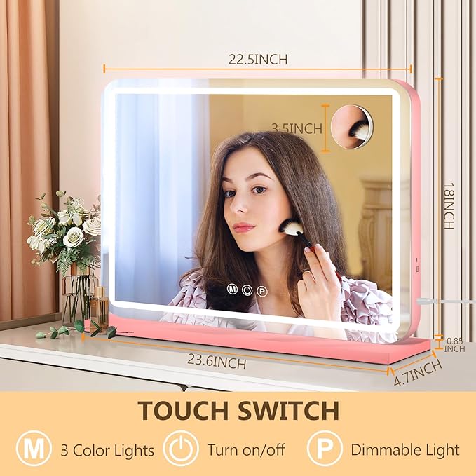 23"x18" Pink Vanity Mirror with Lights, Led Makeup Mirror, Lighted Makeup Mirror with 3 Color Dimmable Lights, Smart Touch Screen Control, Aluminum Metal Frame,USB Charging Port