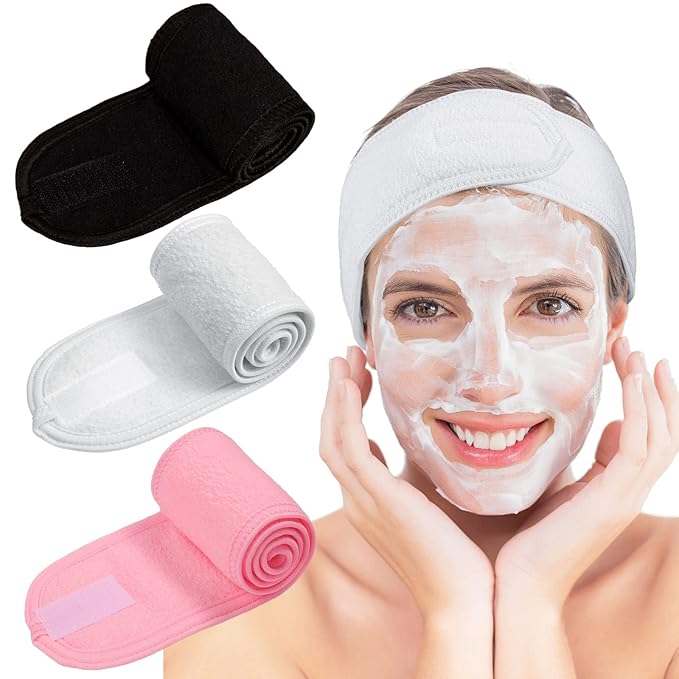 Whaline 3Pcs Spa Facial Headband Make Up Wrap Head Terry Cloth Headband Adjustable Washable Towel for Shower Makeup Face Washing Skincare Facial Treatment Sport Fits (White, Black, Pink)