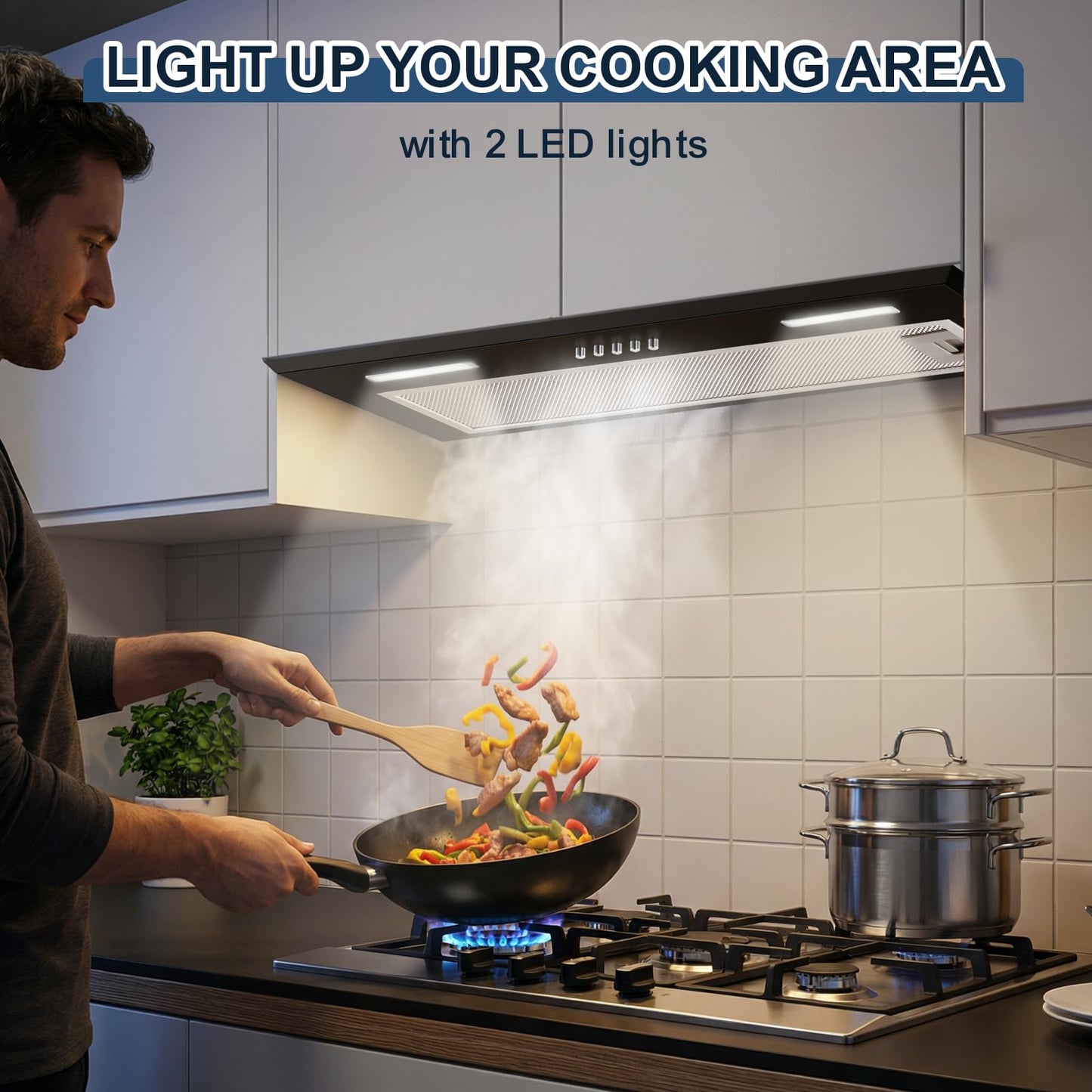 Insert Range Hood 24Inch, Built-in Kitchen Hood with 353 CFM, 3-Speed Vent Hood with Push Button Control LED Lights, Metal Filter, Suitable for Home kitchen, Compact Kitchen, Apartments