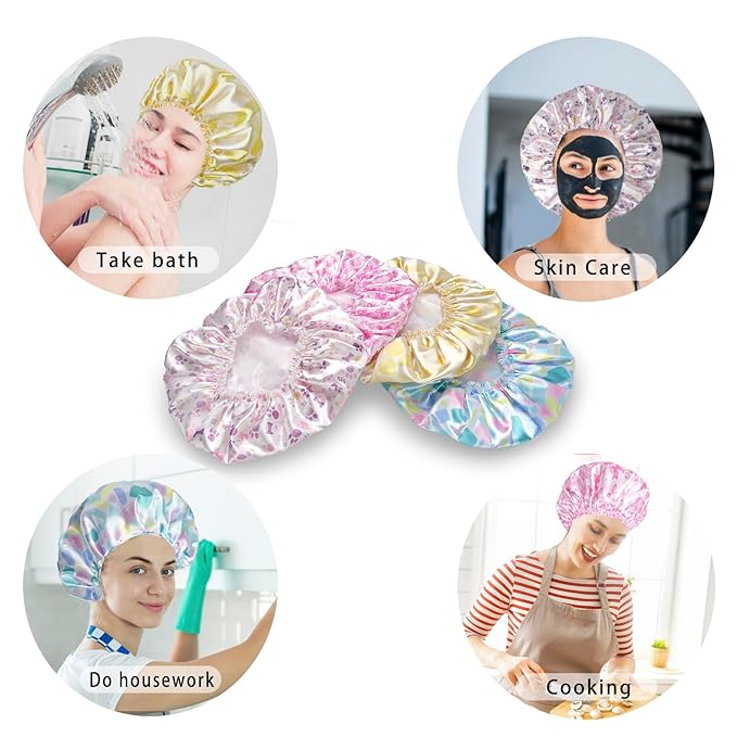 Shower Caps for Women, 4 PCS Elastic and Reusable Bath Caps, Double Layers Shower Cap Reusable Waterproof, Bathing Shower Caps, Environmental Bath Hair Protection Cap - Bow