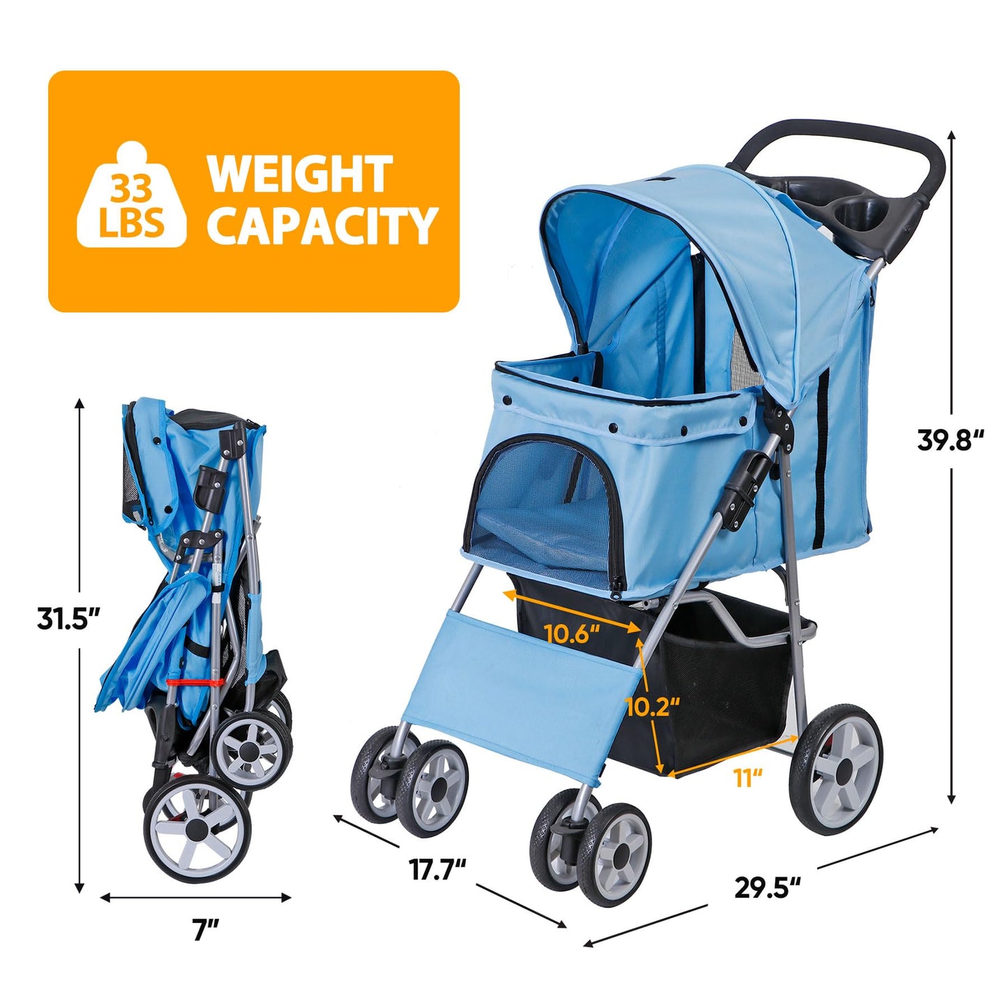 Epetlover 4 Wheels Dog Stroller Folding Pet Strolling Cart for Small Medium Cats Puppies Portable Jogger Travel Camping Puppy Carrier with Storage Basket Cup Holder, Blue