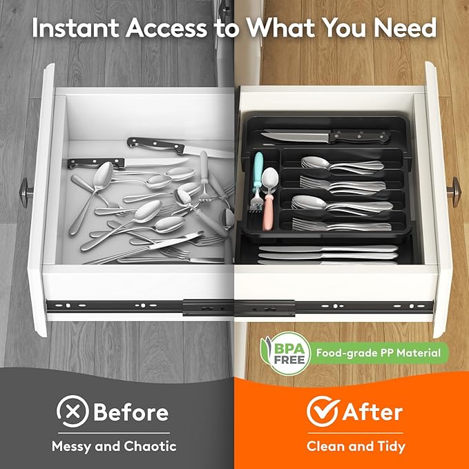 Lifewit Silverware Drawer Organizer, Expandable Utensil Tray for Kitchen, BPA Free Flatware and Cutlery Holder, Adjustable Plastic Storage for Spoons Forks Knives, 8.9-14.7 x 12.2", Black