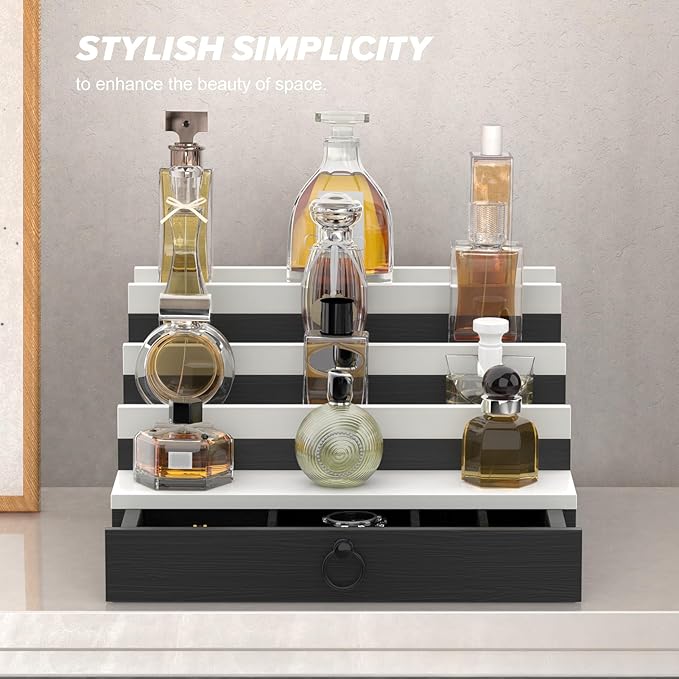 upcessory Cologne Organizer for Men, 4 Tier Black Wood Perfume Organizer with Felt Lining Drawer and Hidden Compartment, Perfume Display Holder, A Gift for Men