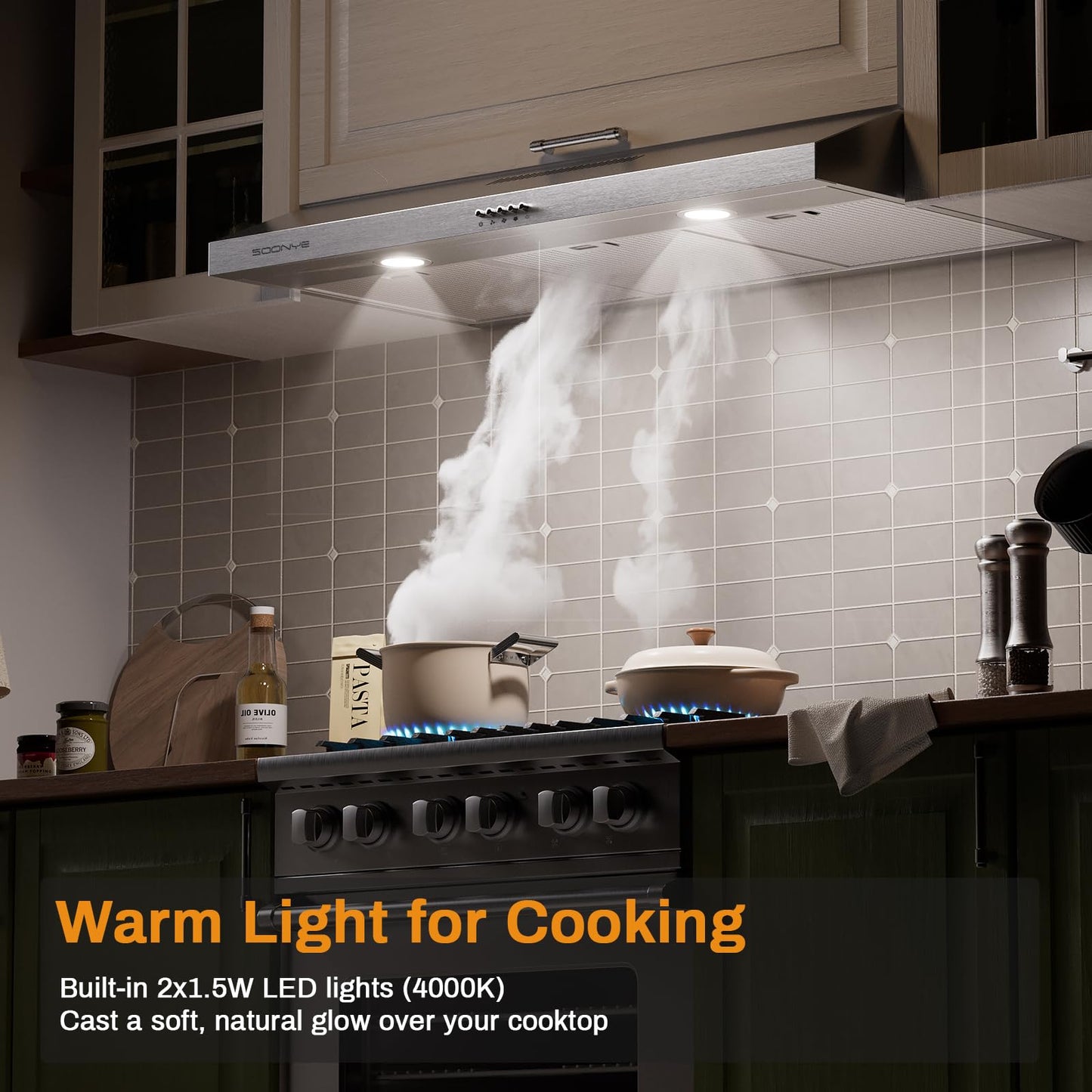 Soonye Under Cabinet Range Hood 36 inch, 250 CFM Exhaust Fan with 3-Speed Control, Stainless Steel, 5-Layers Reusable Aluminum Filter, Convertible Ducted/Ductless, LED Lights and Carbon Filters