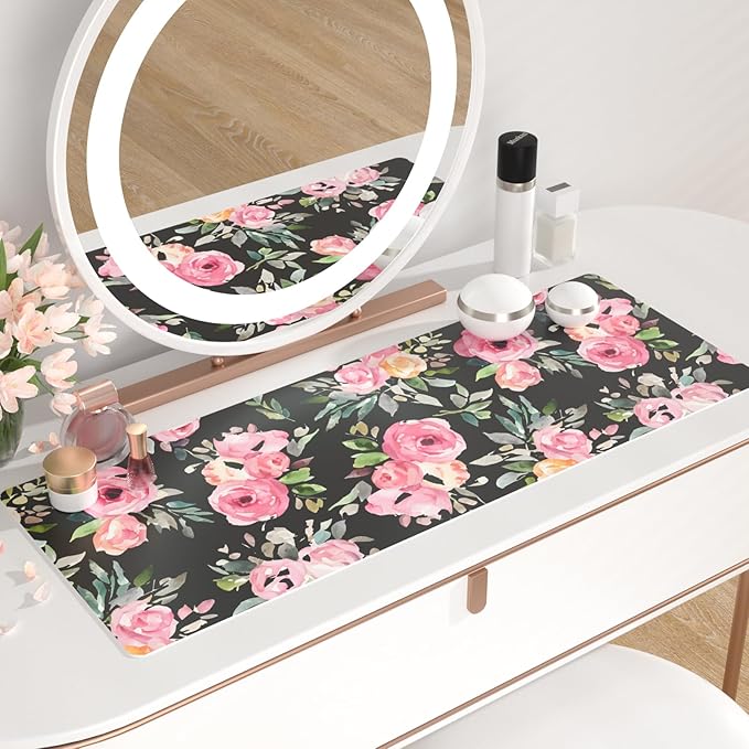 QIYI Large Mouse Pad, Floral Desk Mat for Desktop, Women Girls Watercolor Pink Flowers Office D??cor Desk Accessories, PU Leather Waterproof Gaming Mousepad, Black Desk Pad Computer Mat, 31.5" x 11.8"