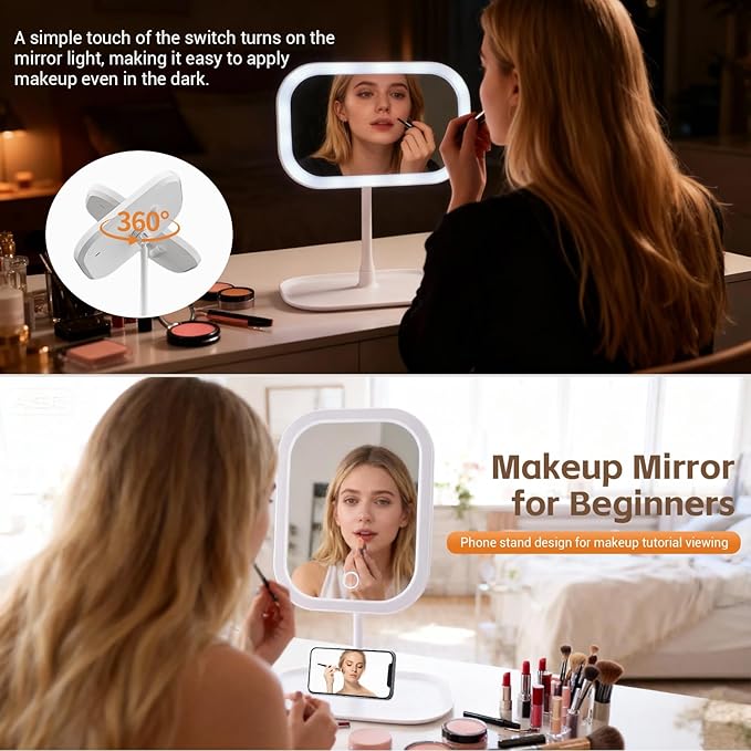 Touch-Sensitive Controls Vanity mirrorr, Makeup Mirror with LED Light, 2400mAh Rechargeable, 270-degree Rotation Adjustment,Beauty Vanity Mirror with Lights， Portable Travel, White, 3 Light Color