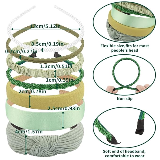 AHONEY 7 Pack Green Headbands for Women Headbands Trendy Non Slip Hairbands Cute Hair Accessories Multi-style Headband Pack