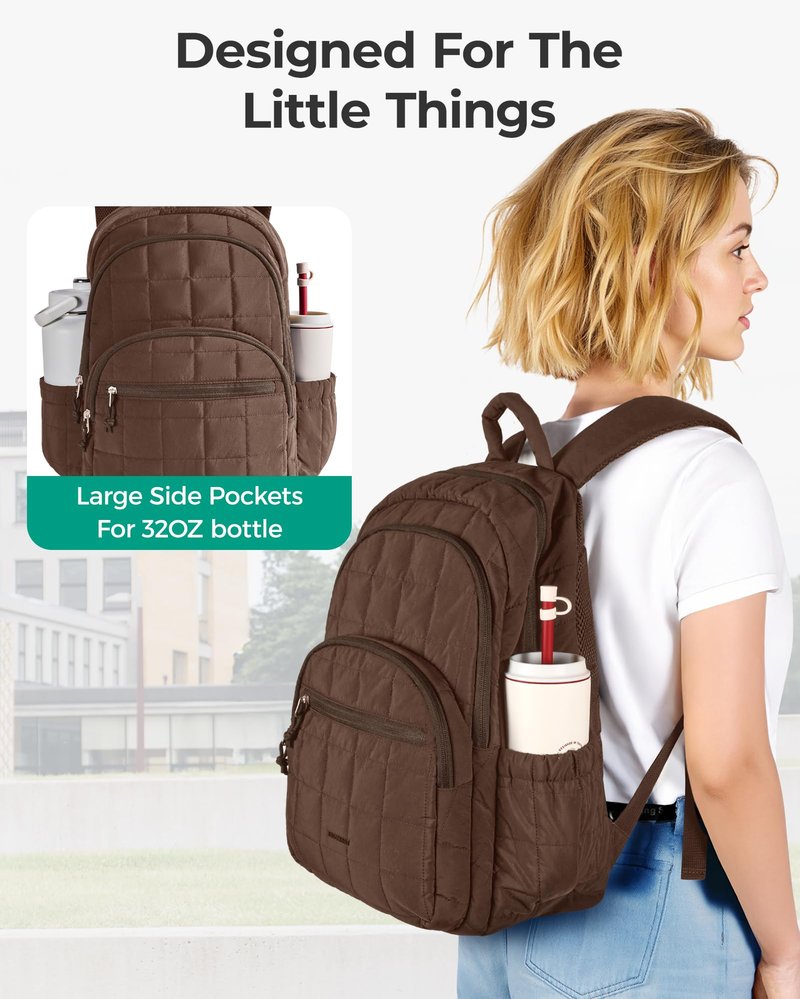 BAGSMART College Laptop Backpack, Travel Backpack for Women, Quilted Casual Daypack, Water-Resistant Bookbag for 15.6 Inch Laptop, Chocolate