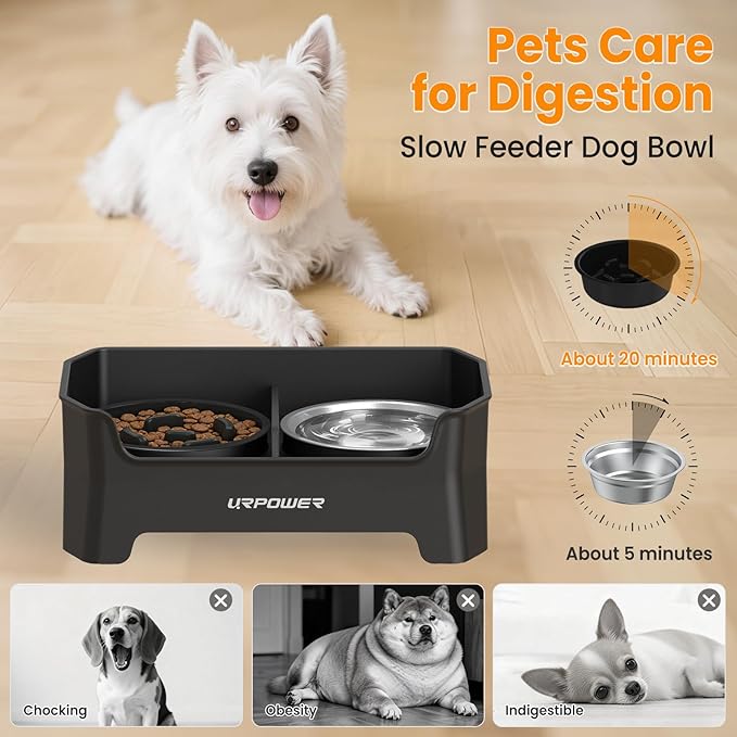 URPOWER Mess Proof Slow Feeder Dog Bowls 4 Height Adjustable Elevated Bowl Stand with 2 Stainless Steel Dog Bowls and 1 Slow Feeder Non-Slip Food and Water Bowl Set for Small and Medium Dogs