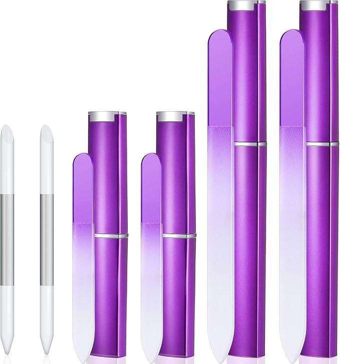 Mudder 6 Pack Crystal Glass Fingernail File with Case for Natural Nail and Cuticle Pusher Dual Ended Manicure Stick Set Nail Care Large Small Portable Tool Gift for Women Pastel Green Violet(Purple)
