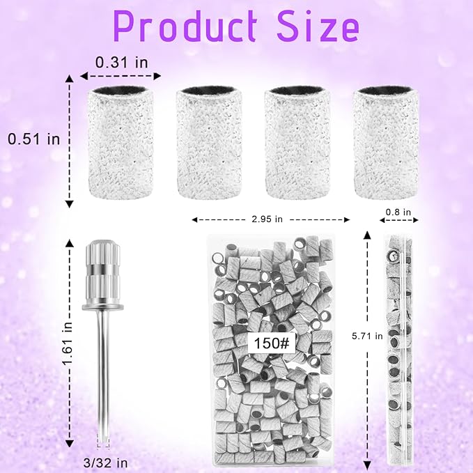 150 Grit Sanding Bands for Nail Drill, 100Pcs Medium Grit Sanding Band for Nail Drill with 3/32Ã¢ÂÂ Sanding Bit for Acrylic Nail, Gel Nail Removing, Professional Nail Sanding Band for Manicure & Pedicure