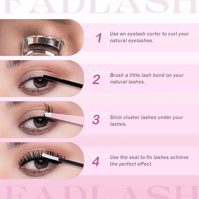 FADLASH Lash Clusters 40D 50D 60D Natural Wispy Eyelash Clusters 8-16mm D Curl Cluster Eyelash Extensions Soft Thin Band DIY at Home
