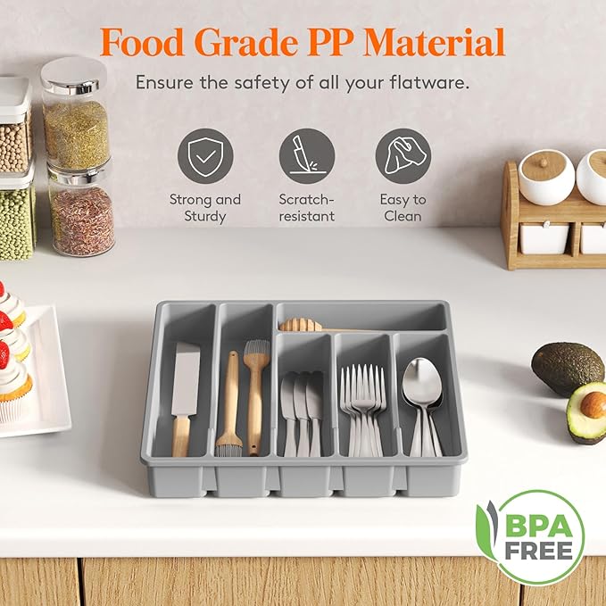 Lifewit Silverware Drawer Organizer Tray, Plastic Cutlery Storage for Kitchen, Flatware and Utensil Holder Divider for Spoons Forks Knives Tableware, 12.4 x 11.7", 6 Slots, Gray