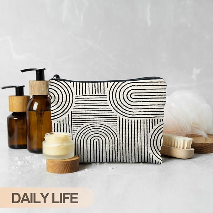 Abstract Minimalist Black and White Makeup Bag, Aesthetic Boho Rainbow Line Art Cosmetic Bags for Women, Boho Gifts for Women, Contemporary Modern Zipper Makeup Pouch