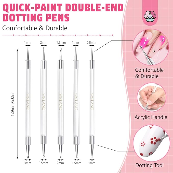 SAVILAND Quick-Paint Dotting Tools Nail Art Pen: 5PCS Multi-Size Nail Art Tools Double Ended Nail Design Kit for Dot Drawing Home Salon, Pattern Tracing Pen, Ball Embossing Pen for Transfer Paper