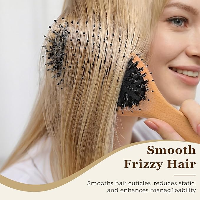 BLACK EGG Boar Bristle Brush for Wet/Dry Hair - Smoothing, Massaging, Detangling, Reduce Frizz, Restore Shine - Bamboo Brush for Women, Men, Kids