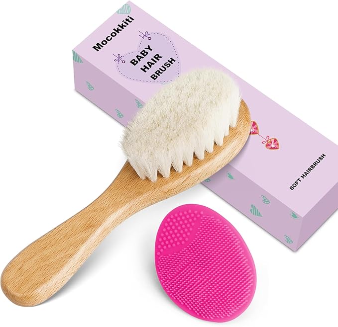 Baby Hair Brush, Goat Bristles Brush and Rose Red Baby Silicone Brush Set for Cradle Cap Wood Bristle Brush for Newborns and Toddlers (2 Piece)