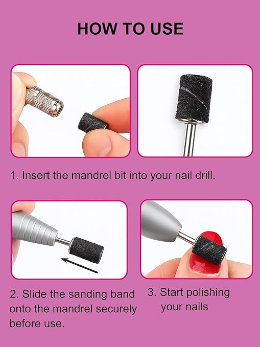 Nail Drill Bits, 145 Pcs Nail Drill Sanding Bands Set - 80# 120# 180# 240# Fine Grit File Sanding Bands for Acrylic Gel Nails, Manicure & Pedicure Nail Tech Tools