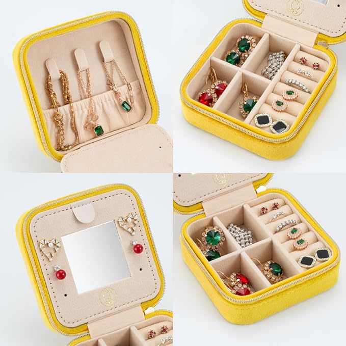 Plush Velvet Travel Jewelry Case, Organizer, Box, Small Case for Women, Earring Organizer with Mirror, Best Gifts For Daughter, Girlfriend, Mom | Gifts For Her - Yellow