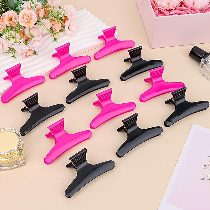 Hair Clips for Styling Sectioning 12 Pack Black Hot Pink Butterfly Clamps Hair Claw Clips Pro Salon Hair Clips for Styling, Sectioning, Cutting and Coloring