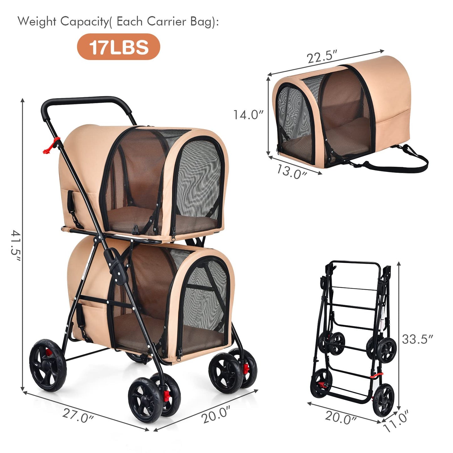 Giantex Double Pet Stroller with 2 Detachable Carrier Bags, Safety Belt, 4 Lockable Wheels, Folding Cat & Dog Stroller for Small Medium Pets, Cats Dogs Puppy Travel Strolling Cart (Beige)