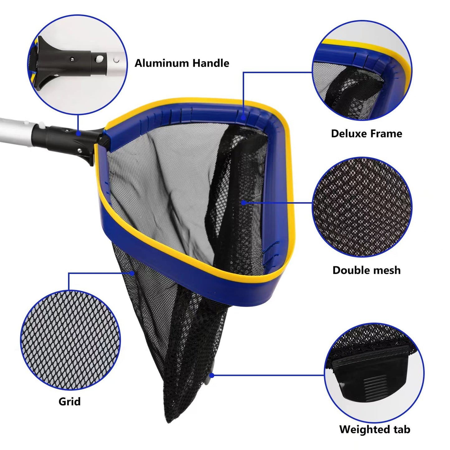 Poolvio Pool Deep Skimmer Net with 3ft - 10ft 1.0mm Thick Adjustable Aluminum Pole & Fine Mesh Bag Leaf Skimmer Rake Net for Above Ground & Inground Swimming Pools, Removes All Debris