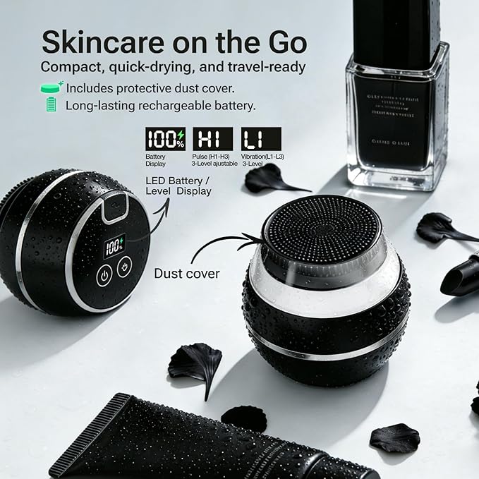 Electric Face Scrubber & Silicone Facial Cleansing Brush - Waterproof Sonic Face Brush Exfoliator with LED Screen, 3 Beauty Light Modes, Rechargeable Face Wash Brush for Deep Cleaning & Massage-Black