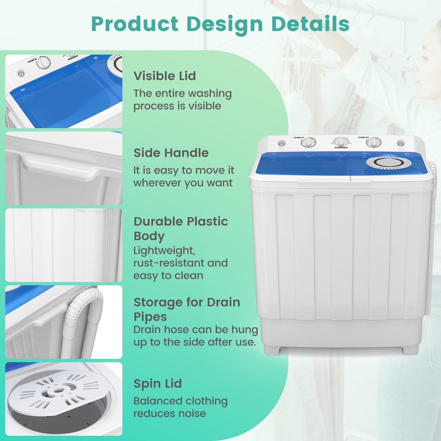 Auertech 28 Lbs Portable Washing Machine, Portable Washer for Apartment with 18 Lbs Washer, 10 Lbs Spinner, Mini Compact Top Load Washing Machine for RV Dorm