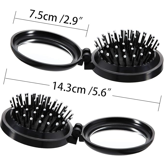 Boao 2 Pack Foldable Travel Mirror Hair Brushes Round Portable Folding Pocket Hair Brush Mini Comb Compact Travel Size Massage Comb for Men Women (Black, Purple)