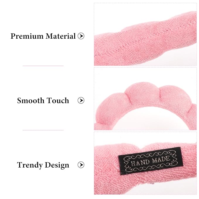 AMCAMI Puffy Spa Headband for Women Sponge Headbands for Girls 2 PCS Terry Towel Cloth Fabric Head Band for Skincare,Makeup Removal,Face Washing,Facial Mask,Shower,Hair Accessories（Red&Light Pink）