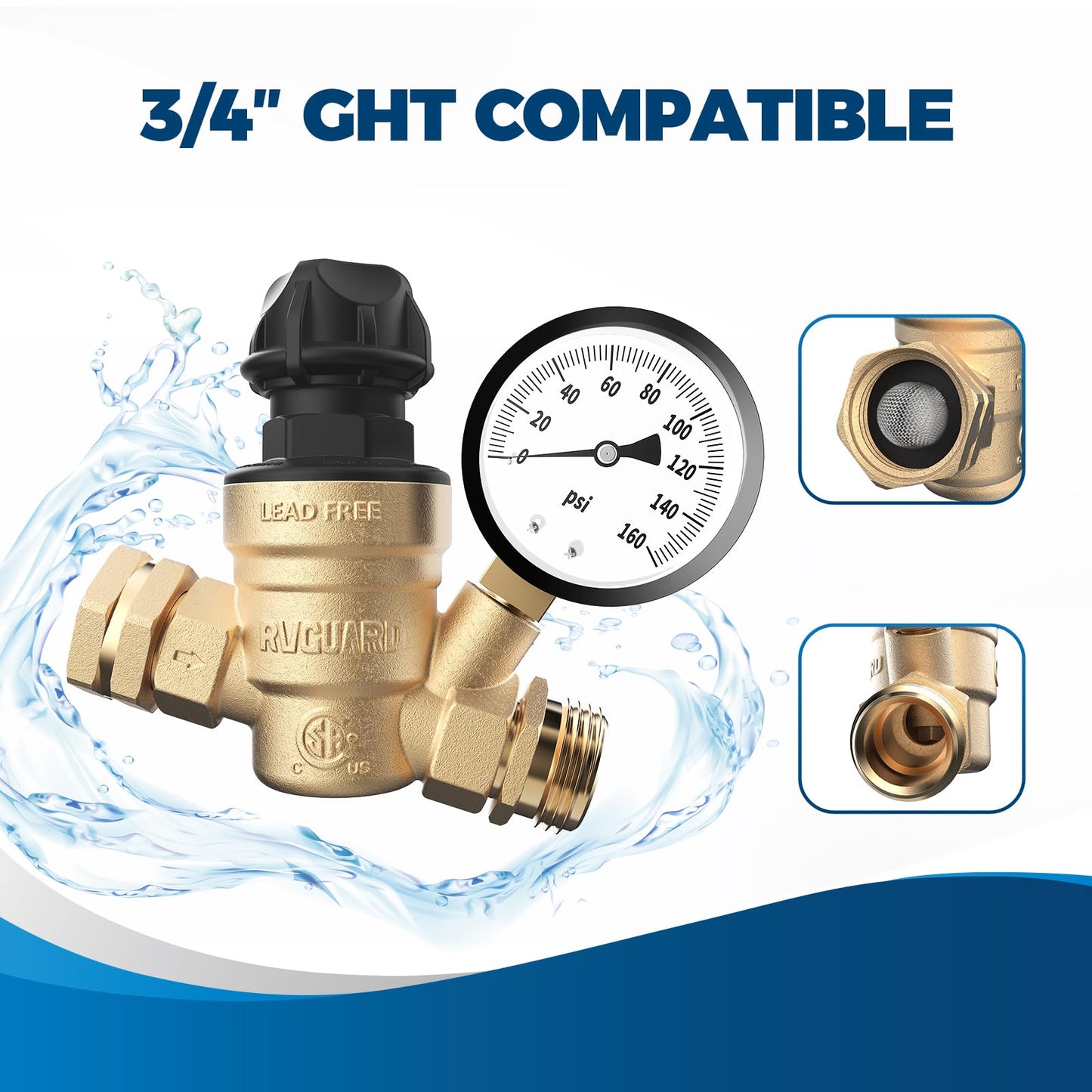 RVGUARD RV Water Pressure Regulator Valve With An Adjustable Knob, Tool-Free, CSA Approved, Lead-Free Brass Water Pressure Reducer with Gauge and Inlet Screen Filter for RV Camper Travel Trailer