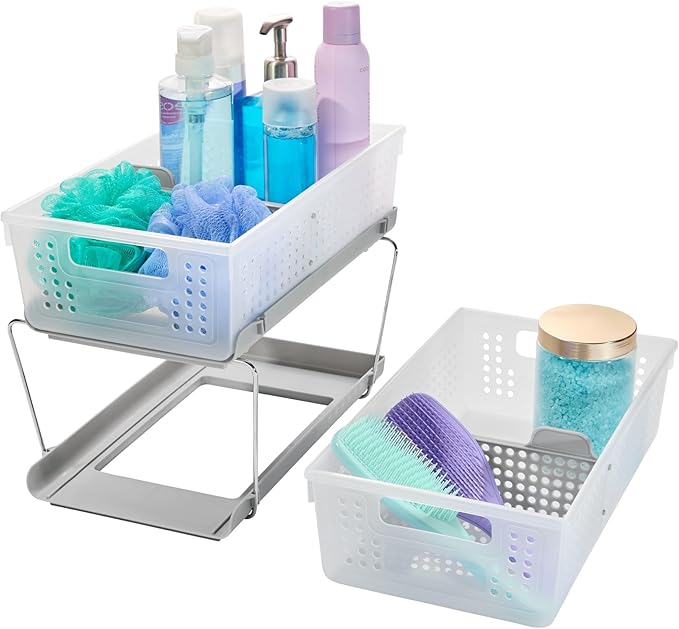 madesmart 2 Tier Bath Organizer,Undersink Storage with Sliding Drawers,for Cleaning Supplies,Pantry,Sponges,Bottles&Kitchen Essentials,Adjustable Dividers&Pull Out Sliding Baskets,Frost,(Pack of 2)