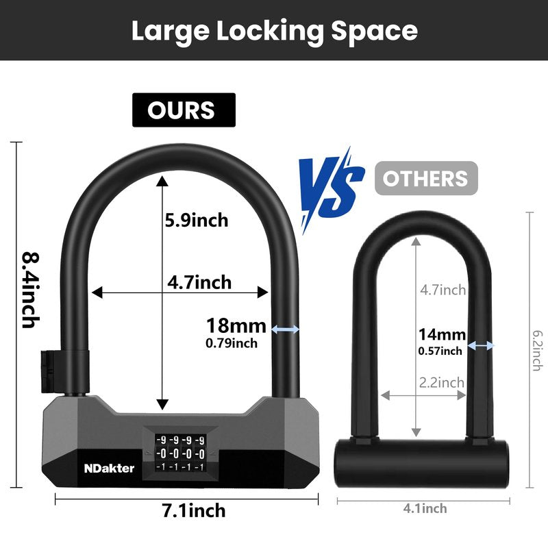 NDakter Bike Locks Heavy Duty Anti Theft, 18mm Bicycle Combo U Lock, 4-Digit Resettable Large Combination Lock with 5FT Steel Cable and Bracket, for Electric Scooter, Ebike, Motorcycle (Blue)