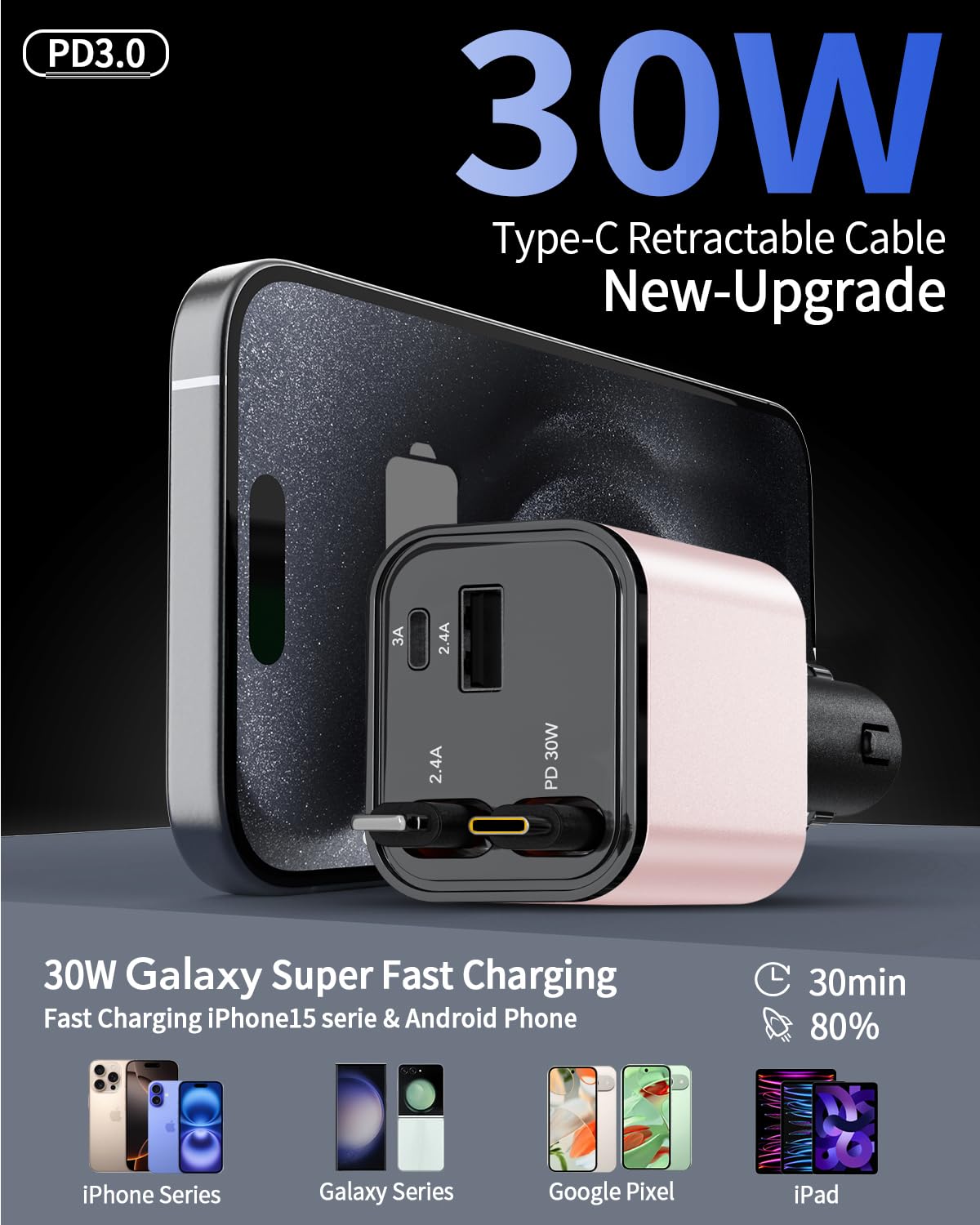 Retractable Car Charger Adapter for iPhone 17,4 in 1 Fast Charging Car Phone Charger,69W USB C Car Truck Accessories,Road Trip Essentials Gift for Men Women for iPhone 17 Pro Max/16/15/14/13/12,Galaxy