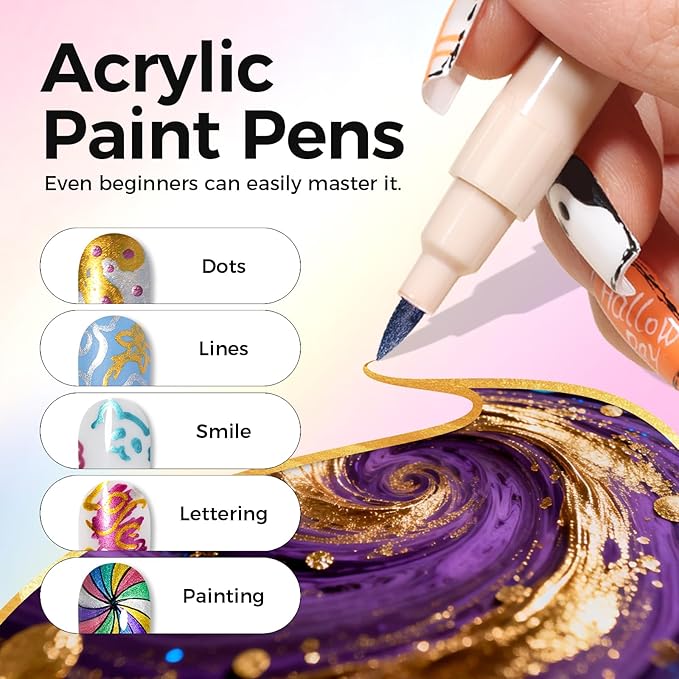 12 Metallic Colors Nail Art Pens Set, 3D Nail Polish Pens Quick-Drying Acrylic Paint Markers, Dotting Liner Brush for DIY Nail Design, Home & Salon Manicure Tools, MarkerPen