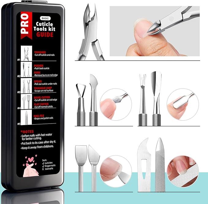 Cbiumpro 5-Pack Cuticle Trimmer Set with Pusher, Cutter, Scraper, Nipper, Clipper, Professional Stainless Steel Cuticle Remover Tools Kit for Fingernails & Toenails - with Case