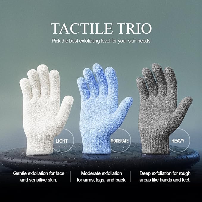 Evridwear Exfoliating Dual Texture Bath Gloves for Shower, Spa, Massage and Body Scrubs, Dead Skin Cell Remover, Gloves with Hanging Loop (1 Pair Gray Heavy Glove)