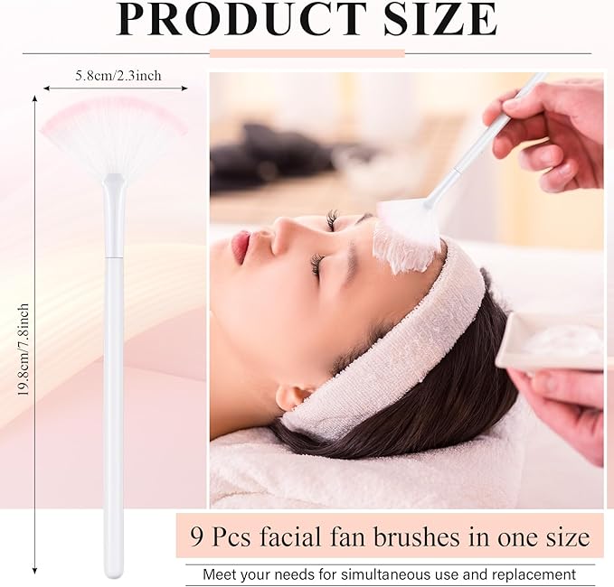 9 Pieces Facial Fan Mask Brushes, Soft Facial Applicator Brushes Tools for Peel Glycolic Makeup for Mud Cream(White Pink)