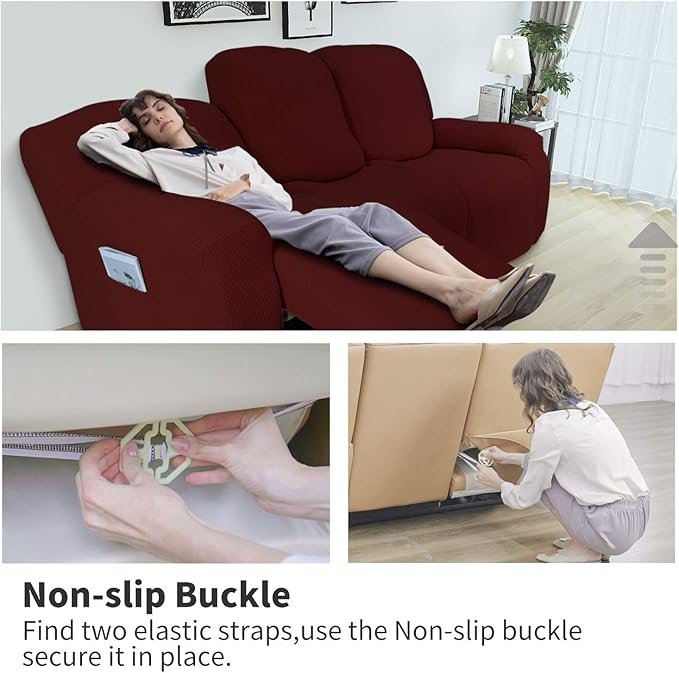 Easy-Going 8 Pieces Recliner Sofa Stretch Sofa Slipcover Sofa Cover Furniture Protector Couch Soft with Elastic Bottom Kids, Spandex Jacquard Fabric Small Checks Wine