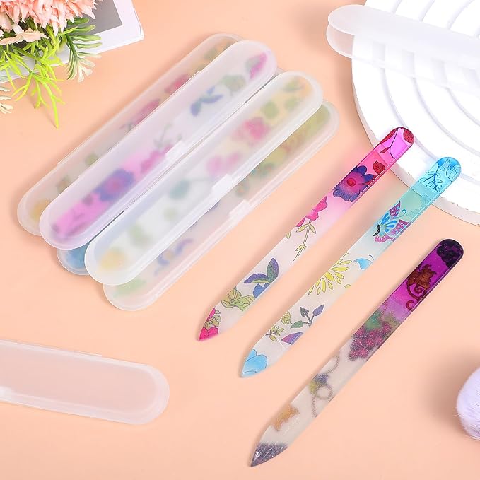 8 PCS Glass Nail Files with Cases, Double Sided Crystal Fingernail Files Colorful Floral Nails File Buffers Nails Care Nail File Mixed Color Manicure Set for Women, Christmas Gifts Stocking Stuffers